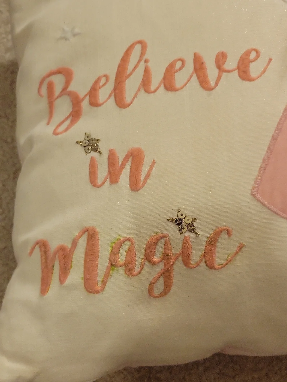 Mon-Ami Whimsical 'Believe in Magic' 3D Decorative Pillow. *STAINS AS PICTURED.